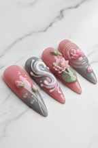 Close-up koi fish lotus bud pearl 3D press-on nails pink gray texture salon-quality nails — LuxepressCo