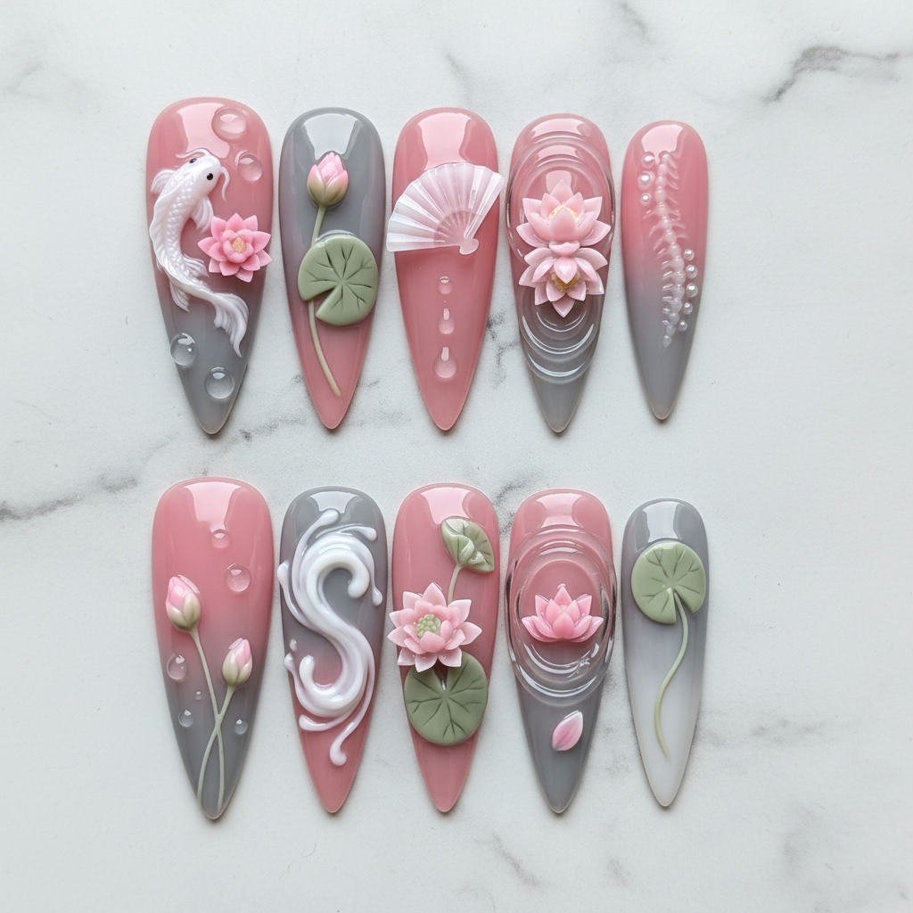 Flat lay top-down 10 piece 3D lotus koi reusable nails pink gray marble custom press-on nails — LuxepressCo