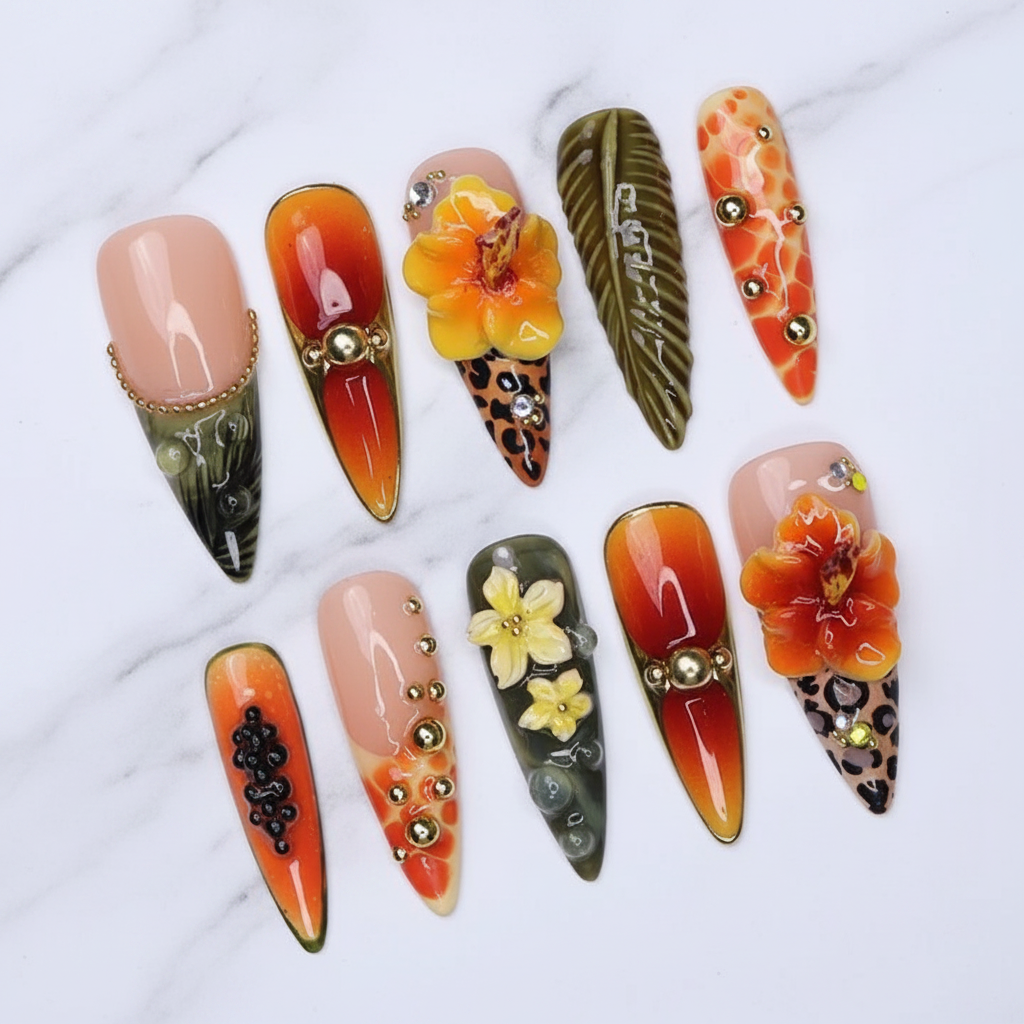 Tropical hibiscus leopard stiletto 3D yellow orange flower palm leaf custom press-on nails full set on white marble — LuxepressCo