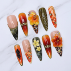 Tropical hibiscus leopard stiletto 3D yellow orange flower palm leaf custom press-on nails full set on white marble — LuxepressCo