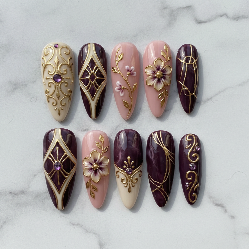 Flat lay top-down full set 10 plum gold baroque 3D flower amethyst salon-quality nails white marble — LuxepressCo