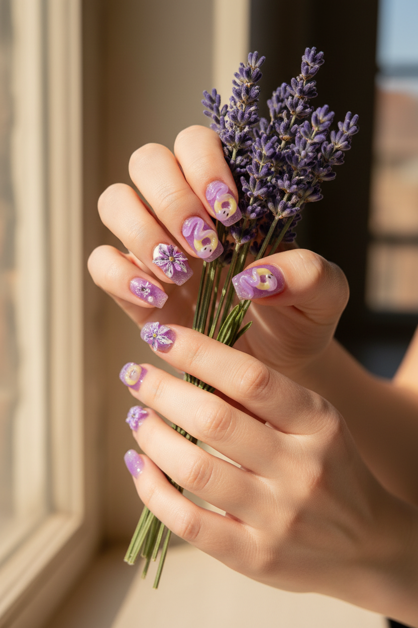 Purple glazed donut custom press-on nails lifestyle light skin 10 fingers holding lavender flowers — LuxepressCo