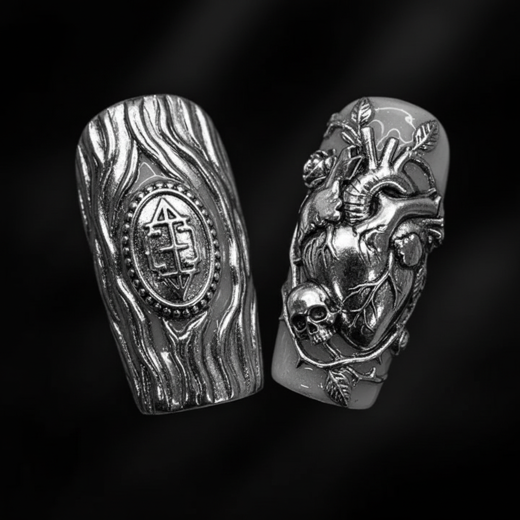 Macro close-up gothic silver chrome 3D tree bark medallion and skull heart salon-quality press-on nails — LuxepressCo