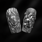 Macro close-up gothic silver chrome 3D tree bark medallion and skull heart salon-quality press-on nails — LuxepressCo