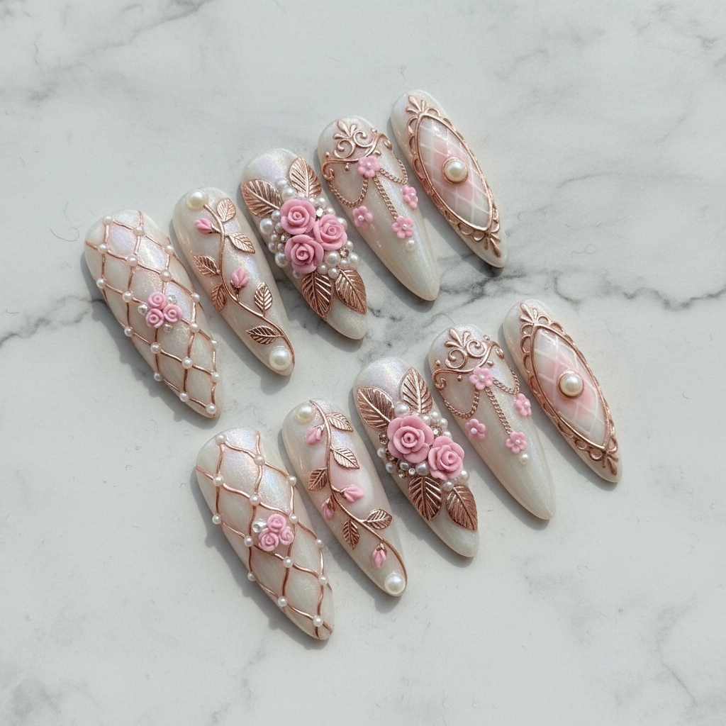 Hero full set 10 stiletto opal 3D rose rose gold baroque lattice pearl custom press-on nails white marble — LuxepressCo
