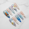 Full set 10 nude blue watercolor seahorse 3D plumeria seashell fan pearl stiletto custom press-on nails on marble — LuxepressCo