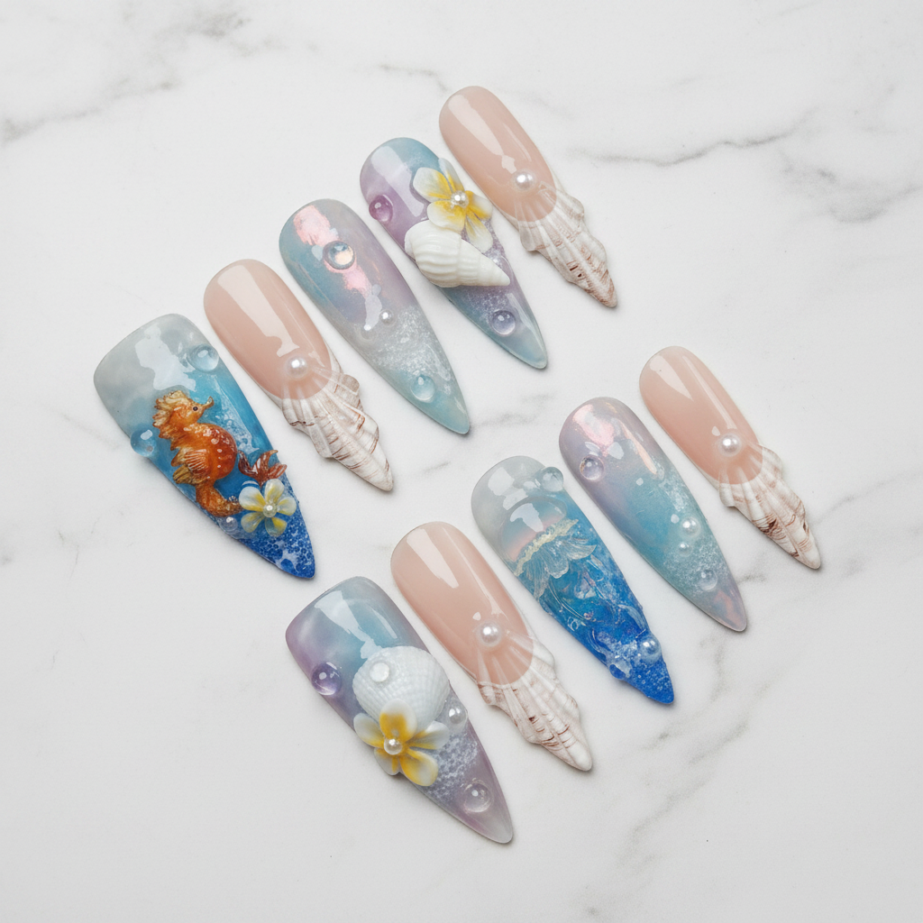 Full set 10 nude blue watercolor seahorse 3D plumeria seashell fan pearl stiletto custom press-on nails on marble — LuxepressCo