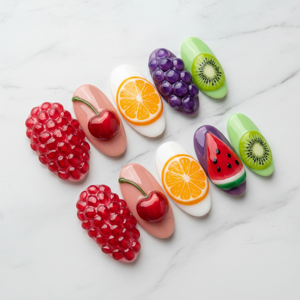 Full set 10 tropical 3D fruit kiwi pomegranate grape orange cherry custom press-on nails on marble — LuxepressCo