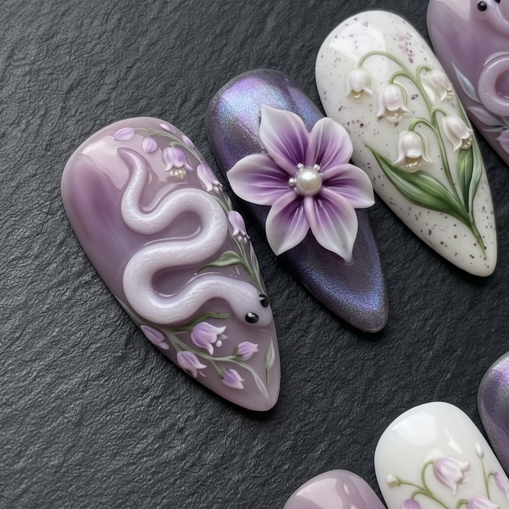Close-up 3D snake embellishment purple custom press-on nails dramatic lighting — LuxepressCo