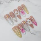 Full set 10 nude aurora shimmer 3D plumeria gold starfish crystal almond custom press-on nails on marble — LuxepressCo