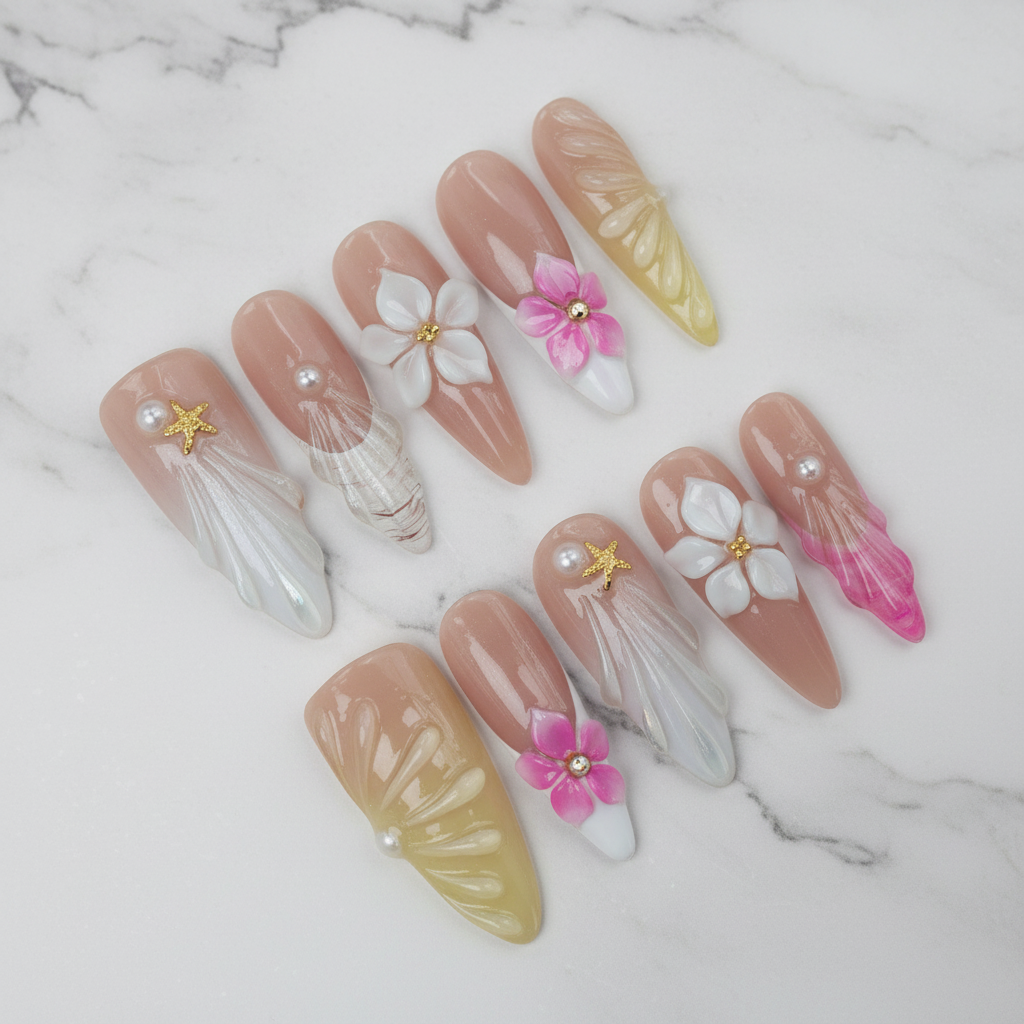 Full set 10 nude aurora shimmer 3D plumeria gold starfish crystal almond custom press-on nails on marble — LuxepressCo