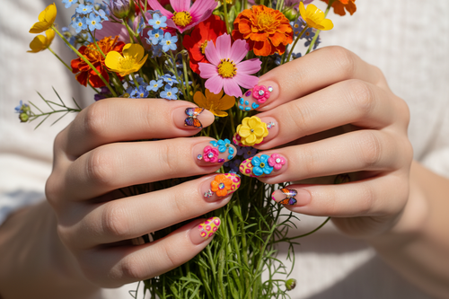 Light skin hands holding wildflowers wearing colorful floral garden custom press-on nails — LuxepressCo