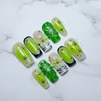 Full set 10 malachite noir green black gold 3D floral lime slice square custom press-on nails on marble — LuxepressCo