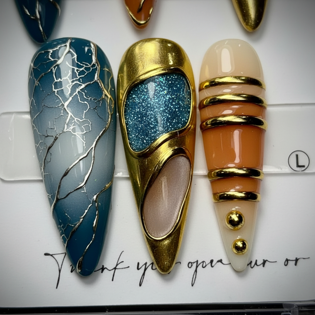 Macro close-up gold chrome frame galaxy gem silver marble vein teal blue peach custom press-on nails — LuxepressCo