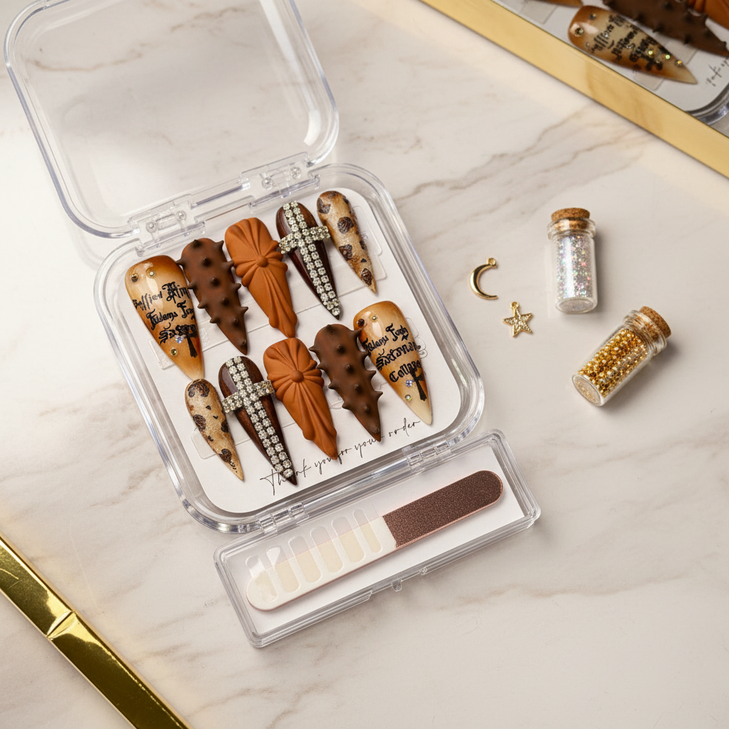 Luxury unboxing acrylic box gothic cross rhinestone caramel press-on nails with accessories — LuxepressCo