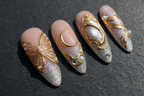 Gold 3D butterfly charm pearl crescent moon custom press-on nails macro close-up — LuxepressCo