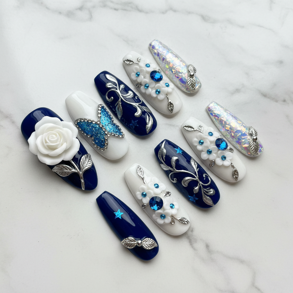 Navy blue 3D white rose butterfly holographic press-on nails hero shot white marble studio custom press-on nails — LuxepressCo