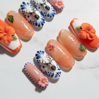 3D hibiscus Talavera folk art custom press-on nails orange French tip navy blue botanical texture gloss — LuxepressCo