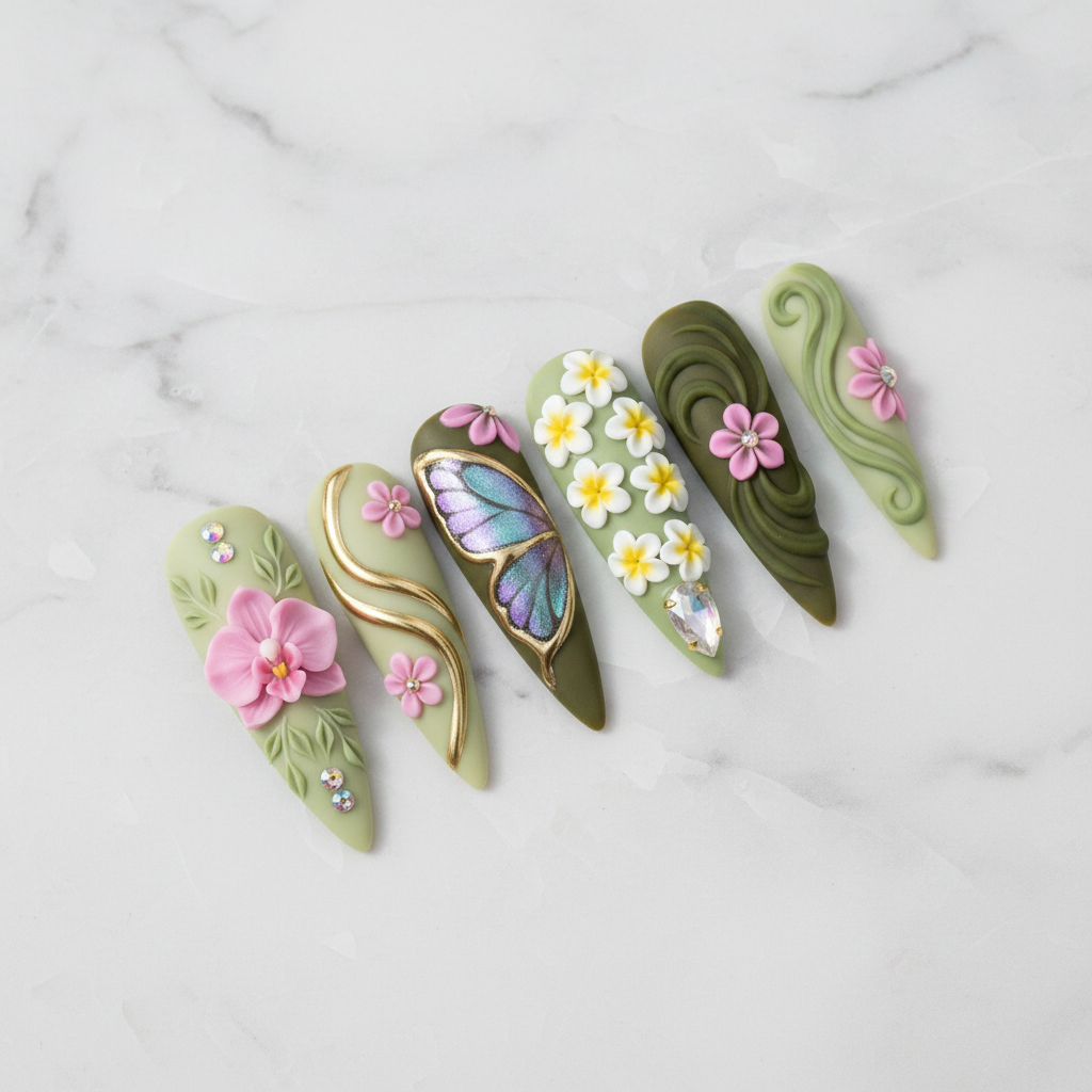 Hero full set 10 stiletto sage green 3D butterfly floral orchid plumeria custom press-on nails white marble — LuxepressCo