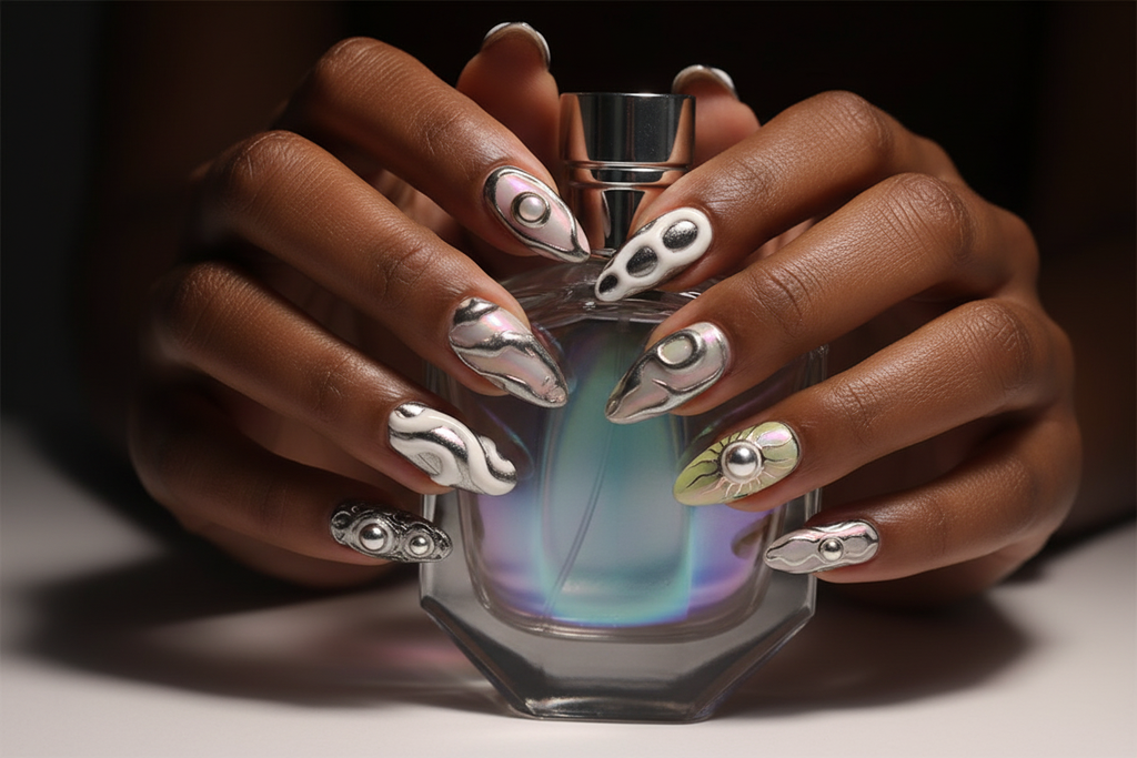 Dark-skin hands wearing aurora butterfly reusable press-on nails holding iridescent silver perfume bottle — LuxepressCo