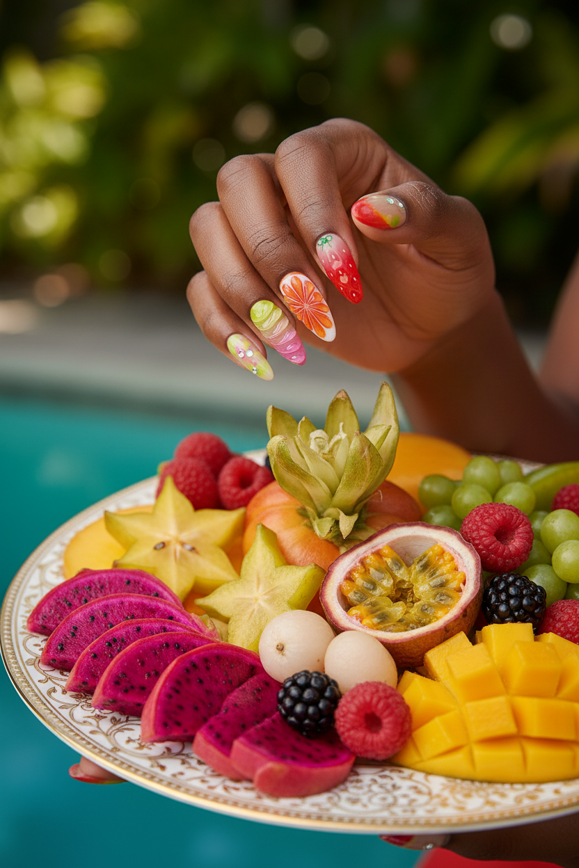 Dark skin hands wearing tropical jelly lime strawberry custom press-on nails holding tropical fruit platter — LuxepressCo