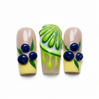 Macro close-up vivid green lime slice 3D dark navy cherry pair 3D blueberry cluster yellow French tip square nail art — LuxepressCo