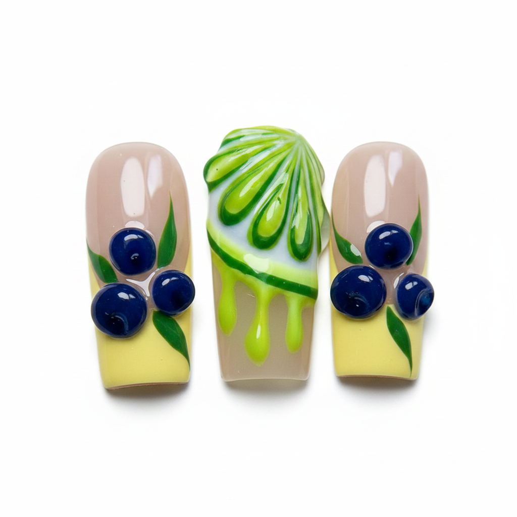 Macro close-up vivid green lime slice 3D dark navy cherry pair 3D blueberry cluster yellow French tip square nail art — LuxepressCo