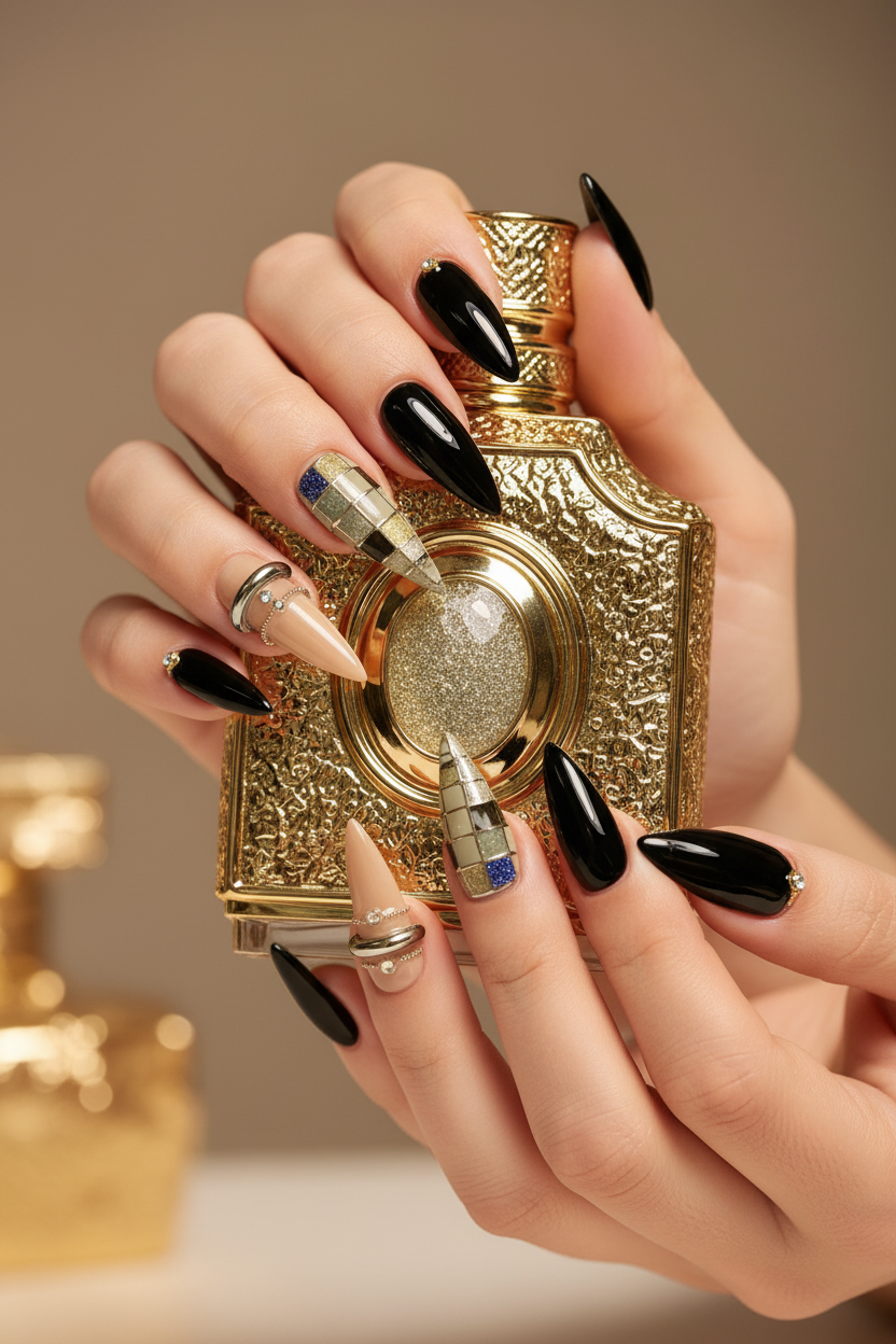 Light skin hands with nude gold chrome teal gemstone mixed reusable nails holding perfume — LuxepressCo