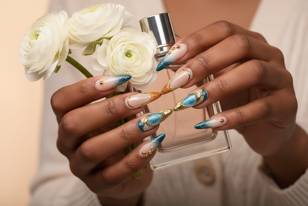 Lifestyle dark skin hands wearing teal blue peach ombre galaxy custom press-on nails holding white ranunculus — LuxepressCo