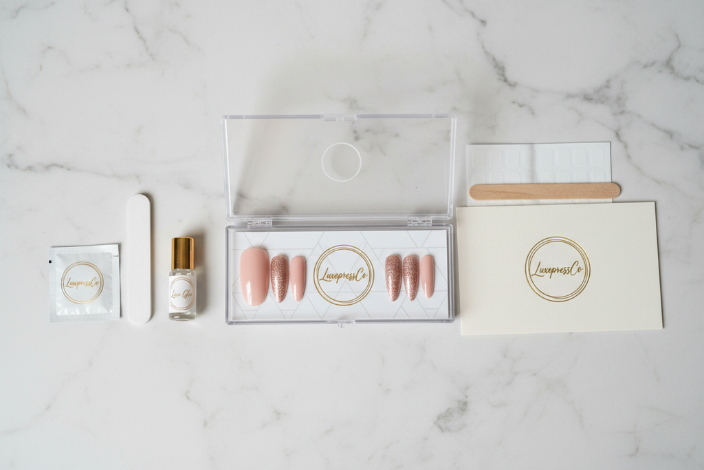 LuxepressCo press-on nail kit packaging acrylic box with nail file glue adhesive tabs — LuxepressCo