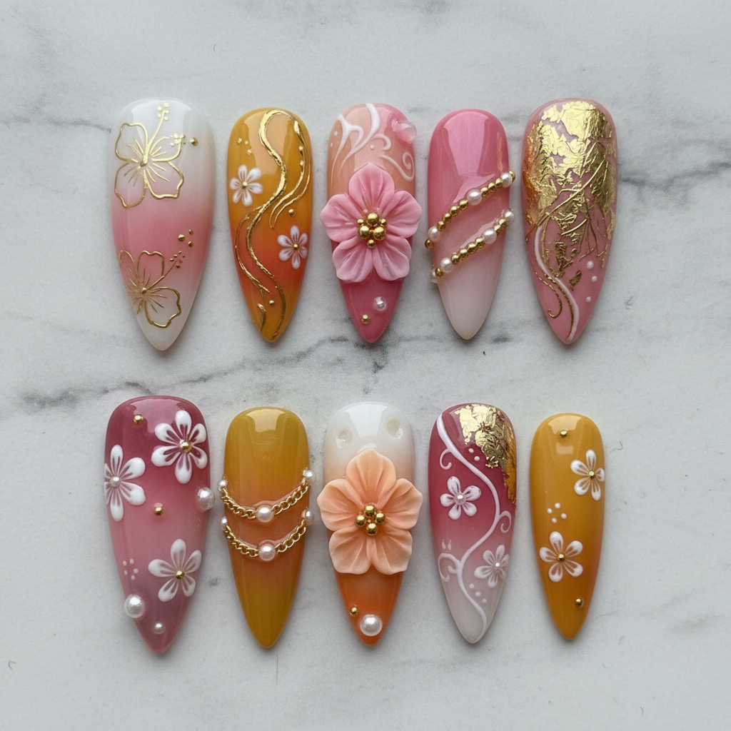 Flat lay top-down full set 10 pink gold floral press-on nails marble background studio light custom press-on nails — LuxepressCo