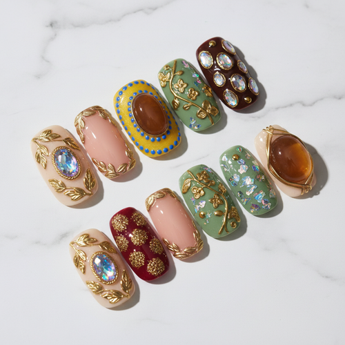 Baroque gold vine gemstone 3D metalwork custom press-on nails champagne ivory sage green full set flat lay — LuxepressCo