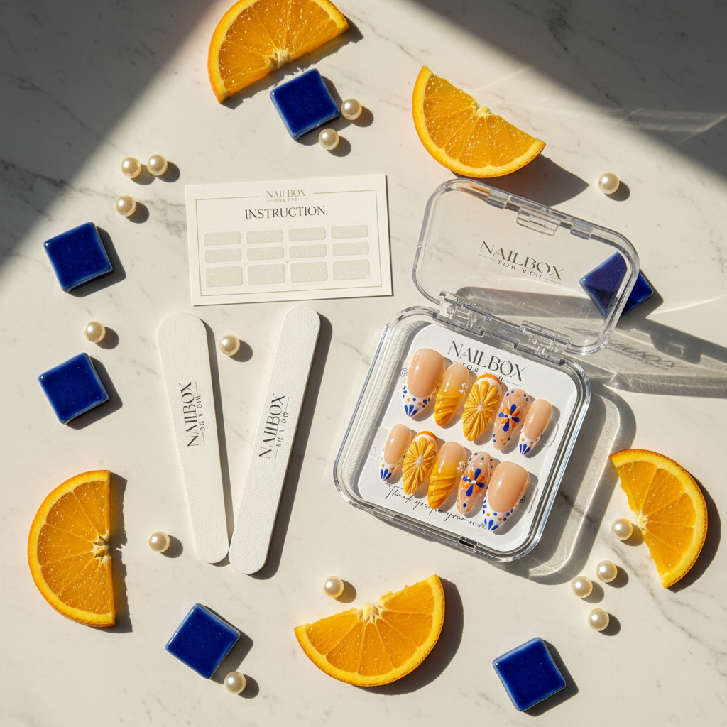 Luxury unboxing acrylic nail box Amalfi Coast press-on nails with orange cobalt ceramic tile pearl props — LuxepressCo