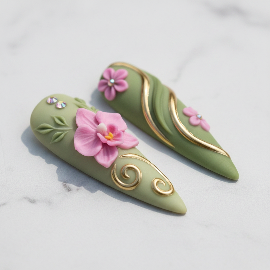 Macro close-up 3D pink orchid flower gold swirl embossed rhinestone sage green reusable salon-quality nails marble — LuxepressCo