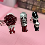 Macro close-up 3D sculpted rose ghost chain gothic custom press-on nails burgundy black detail — LuxepressCo