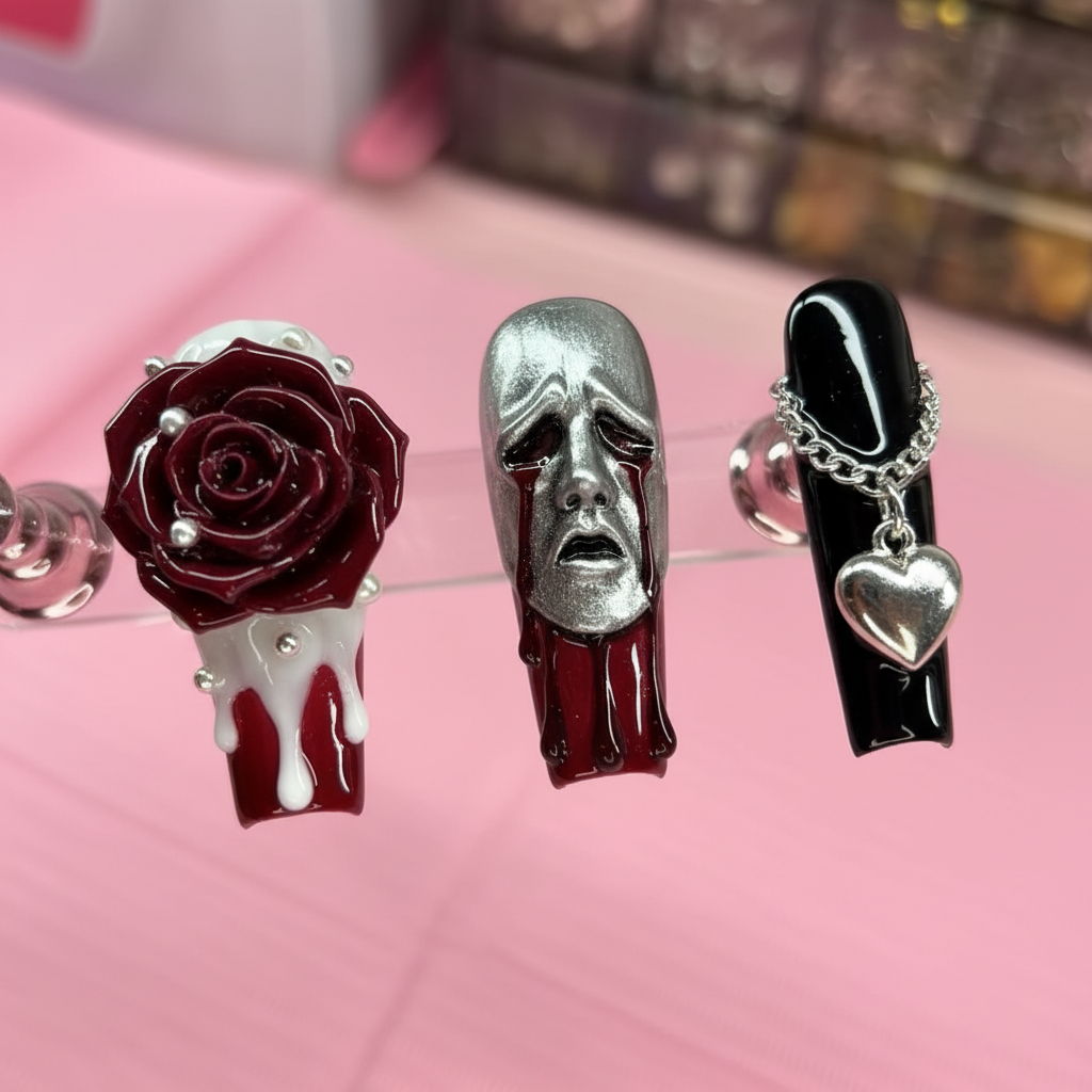 Macro close-up 3D sculpted rose ghost chain gothic custom press-on nails burgundy black detail — LuxepressCo