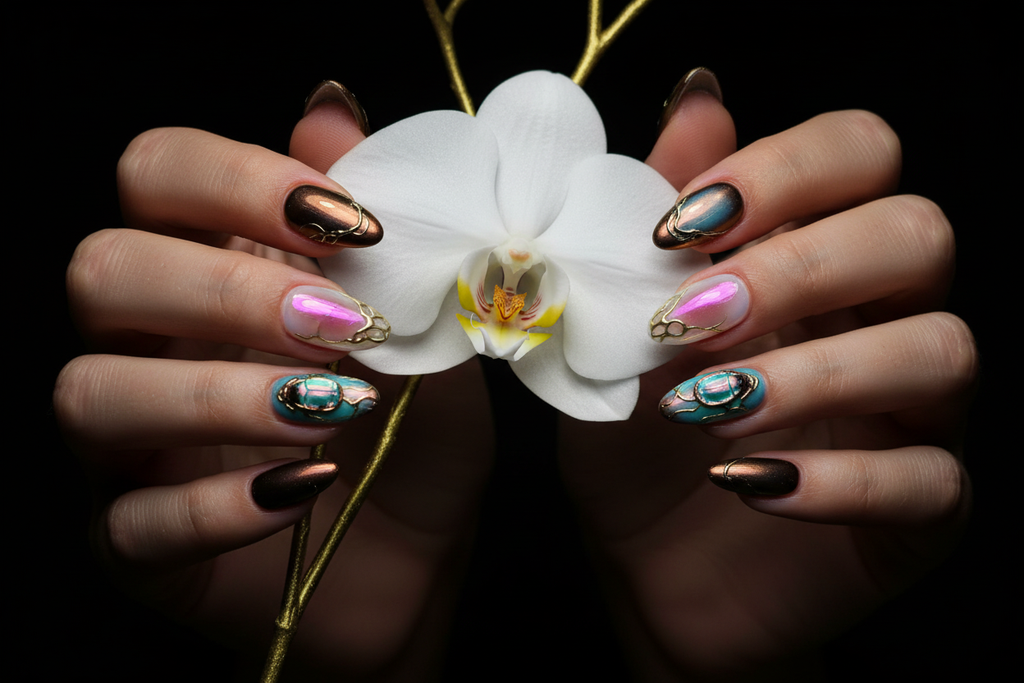 Light skin hands holding gold orchid wearing gold chrome aurora reusable nails salon-quality — LuxepressCo
