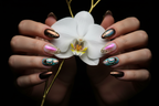 Light skin hands holding gold orchid wearing gold chrome aurora reusable nails salon-quality — LuxepressCo