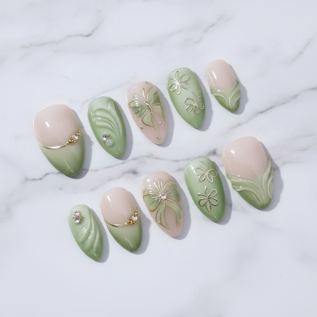 Sage green ombre French tip gold wire butterfly bow daisy clover charm custom press-on nails flat lay overhead marble — LuxepressCo