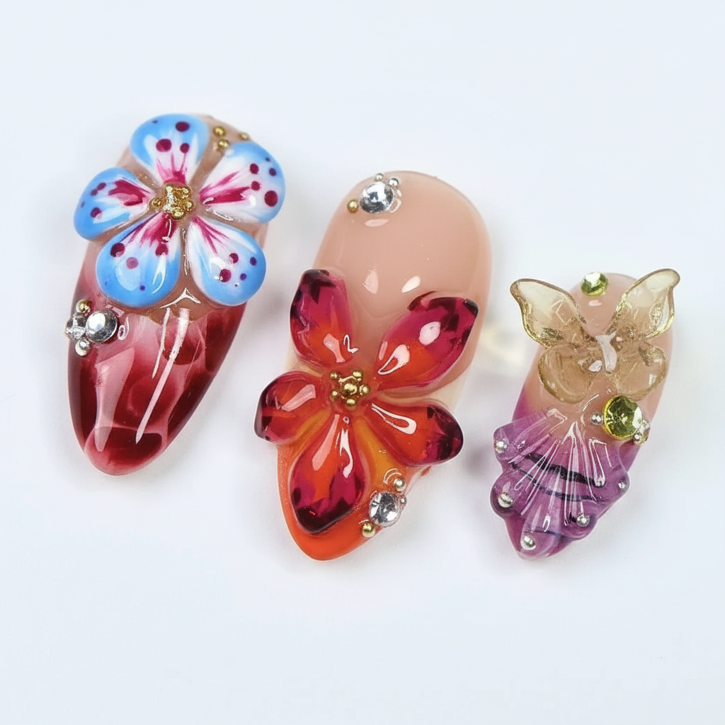 Macro close-up 3D crystal flower charm and rhinestone salon-quality press-on nails nude base — LuxepressCo