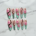 Hero shot full set 10 cherry blossom 3D custom press-on nails white marble background — LuxepressCo