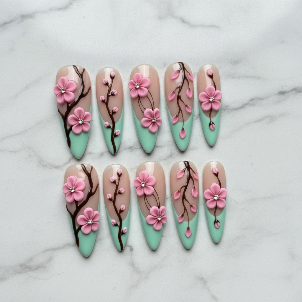 Hero shot full set 10 cherry blossom 3D custom press-on nails white marble background — LuxepressCo