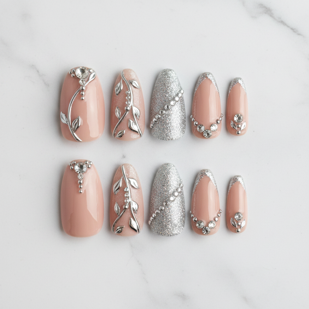 Silver chrome botanical vine custom press-on nails flat lay 10 nails overhead white marble — LuxepressCo