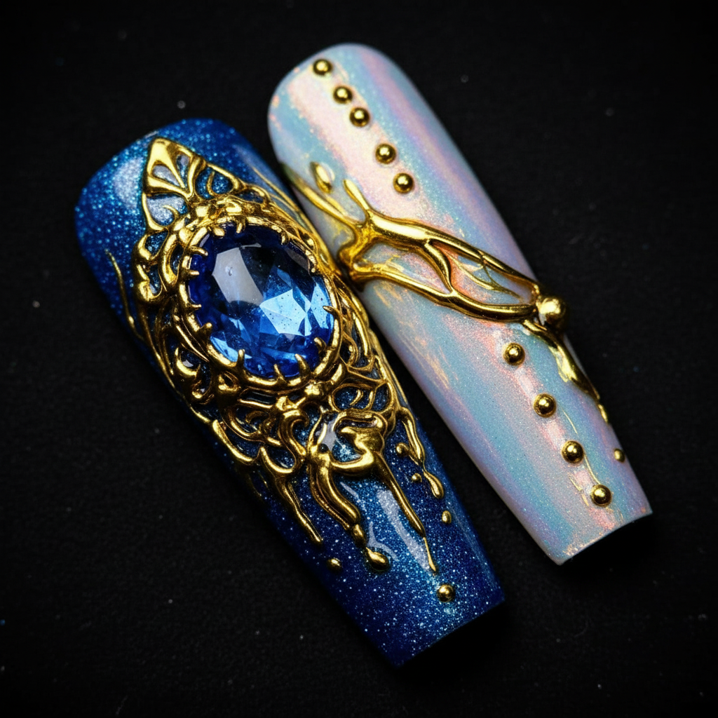 Macro close-up royal blue glitter chrome 3D gold baroque filigree sapphire gem aurora chrome custom press-on nails — LuxepressCo