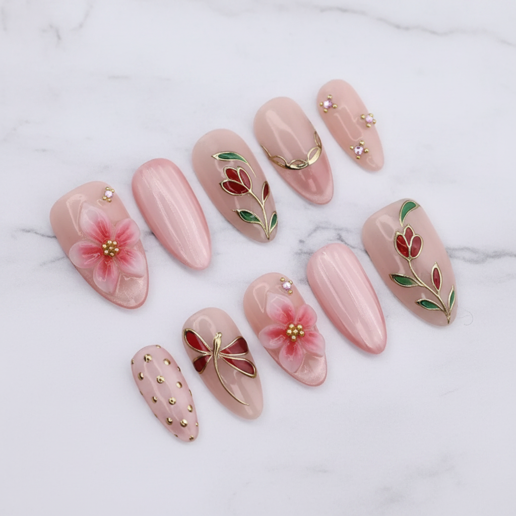 Blush pink tulip dragonfly 3D gold enamel floral jelly custom press-on nails full set on white marble — LuxepressCo