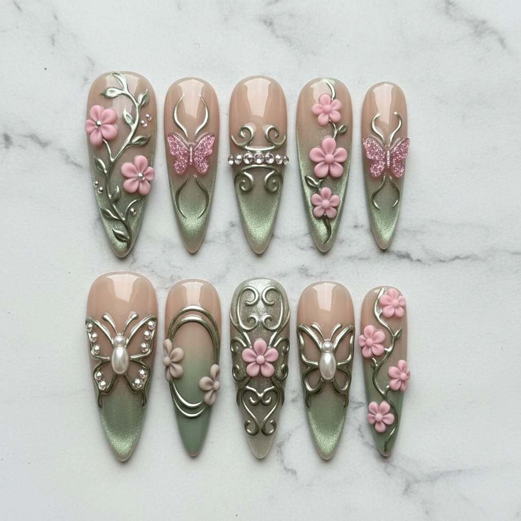 Flat lay top-down full set 10 luxury 3D butterfly floral chrome stiletto custom press-on nails white marble — LuxepressCo