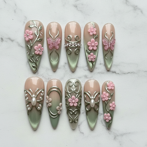 Flat lay top-down full set 10 luxury 3D butterfly floral chrome stiletto custom press-on nails white marble — LuxepressCo