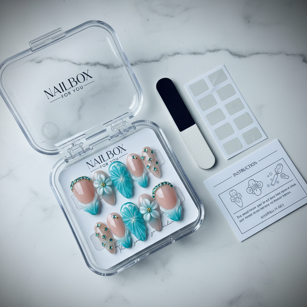 Luxury unboxing acrylic nail box with teal floral press-on nails and accessories — LuxepressCo