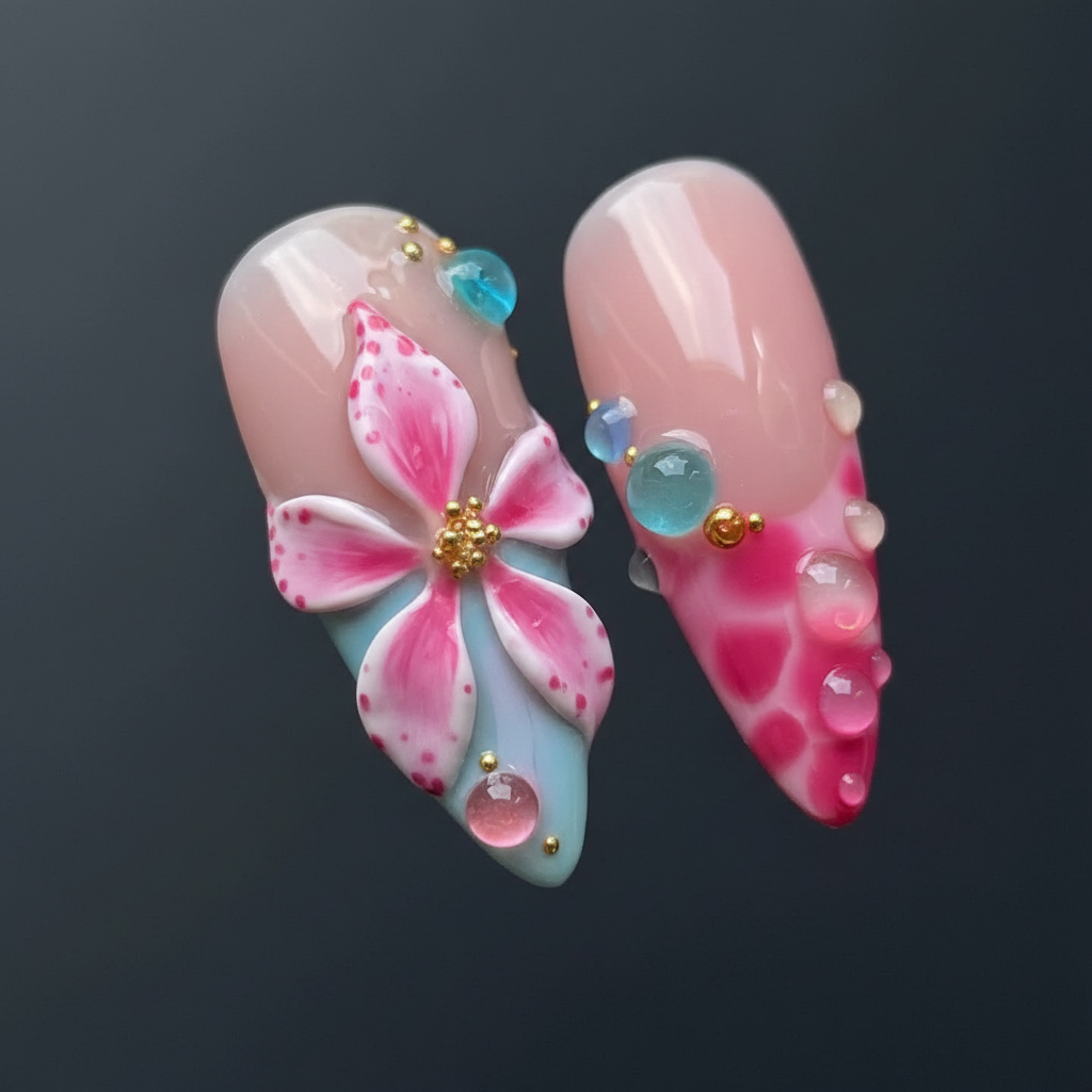 Close-up macro 3D pink tropical flower gradient petals jelly bubble drops teal pink amber custom press-on nails dramatic — LuxepressCo