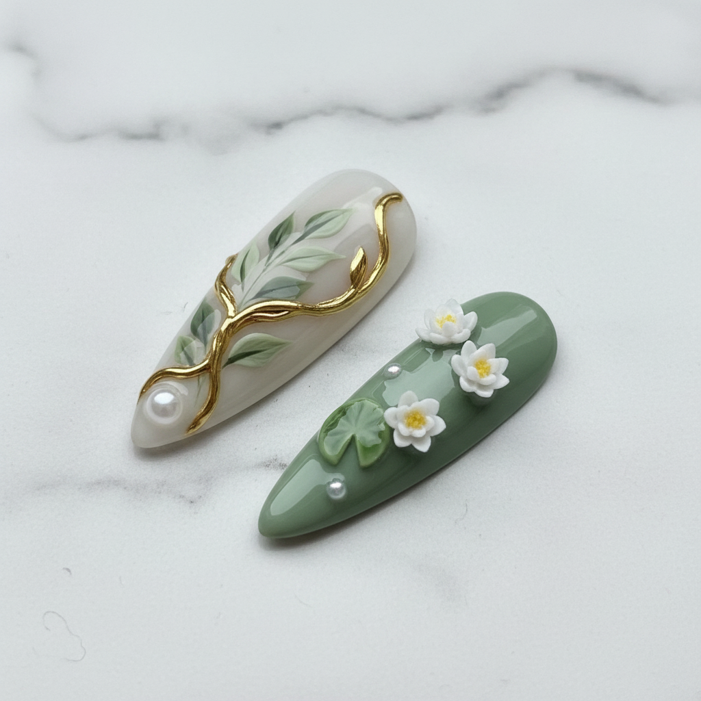 Macro botanical hand-painted leaves gold vine pearl custom press-on nails marble — LuxepressCo